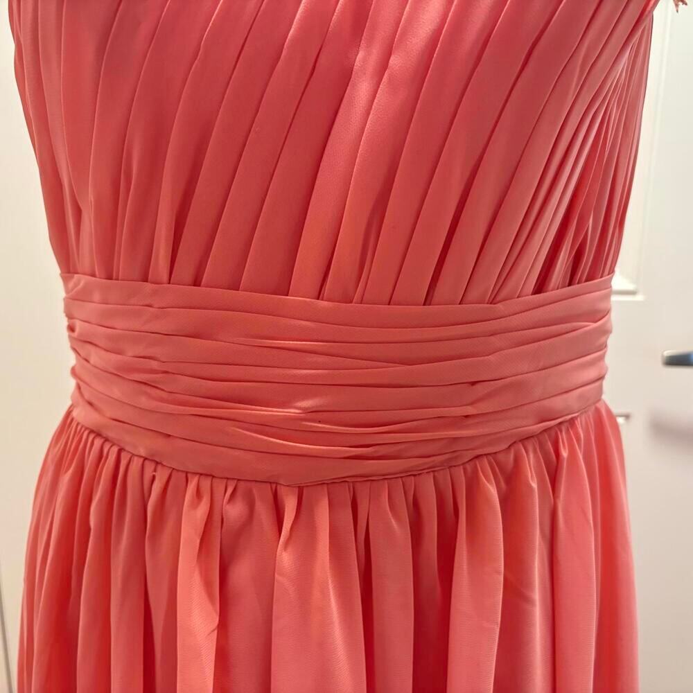 Grecian Coral Rhinestone Lace Pleated Gown Dress Short Sleeve Formal Bridesmaid - Picture 6 of 9